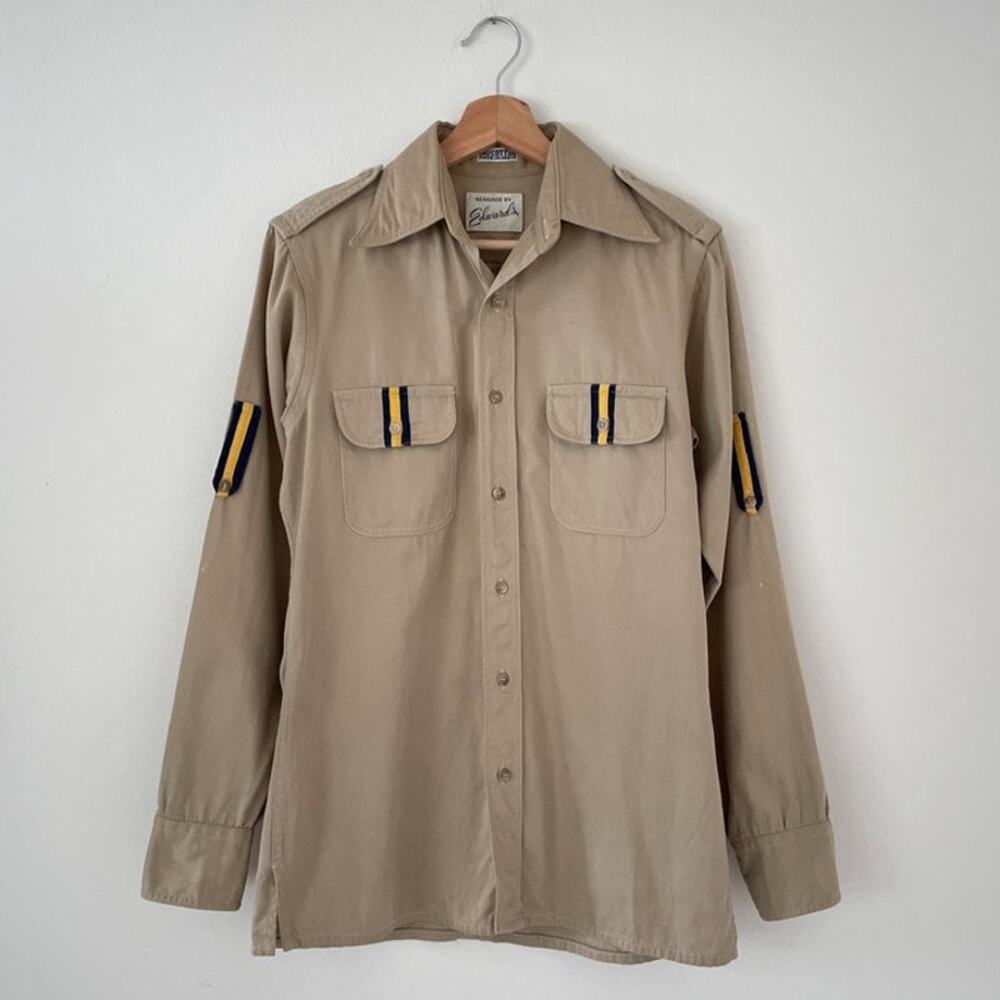 Vtg 60's Tan Military Style DESIGNED BY EDWARDS Button Up Shirt Epaulettes